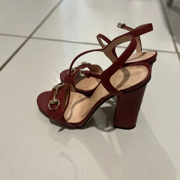 Gucci Shoes Gucci Horsebit Red Leather Ankle Strap Block High Heel Sandals - Picture 2 of 6